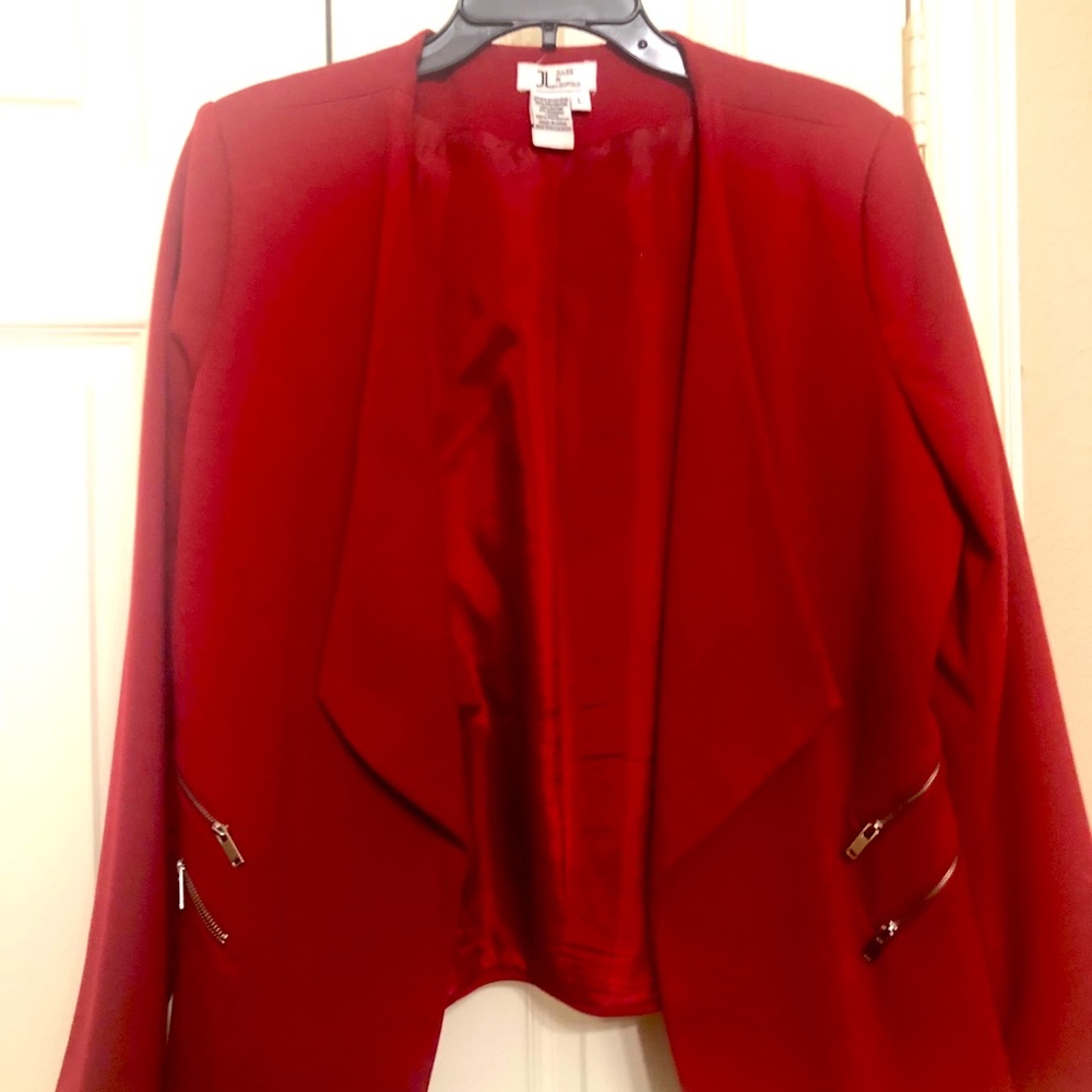 Red blazer with silver zipper accents